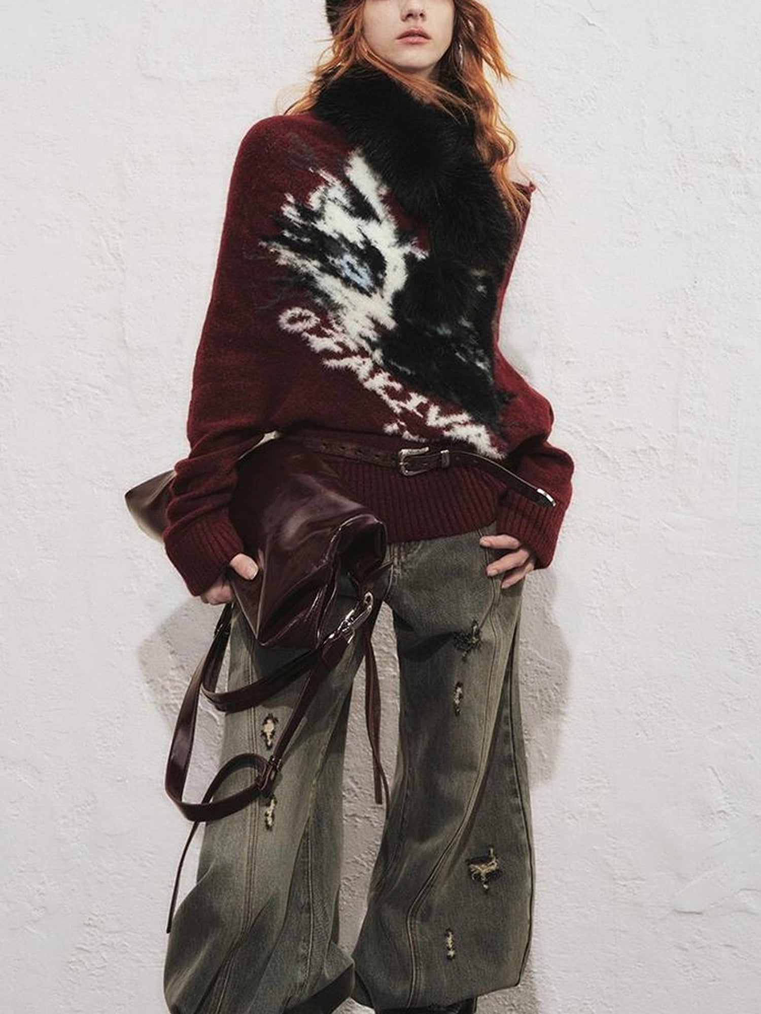 OfAkiva Akiva Lioncat Fluffy Sweater V-neck T-shirt Long Sleeve