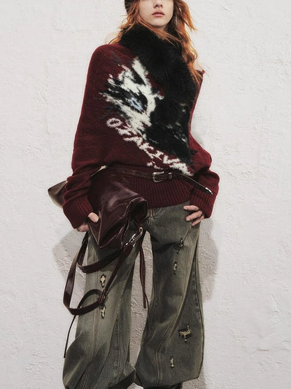 OfAkiva Akiva Lioncat Fluffy Sweater V-neck T-shirt Long Sleeve