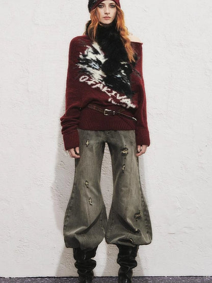 OfAkiva Akiva Lioncat Fluffy Sweater V-neck T-shirt Long Sleeve