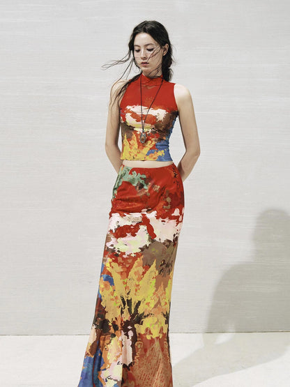 OfAkiva Akiva Nuwa Brushstroke Print Vest Bias Cut Skirt Set