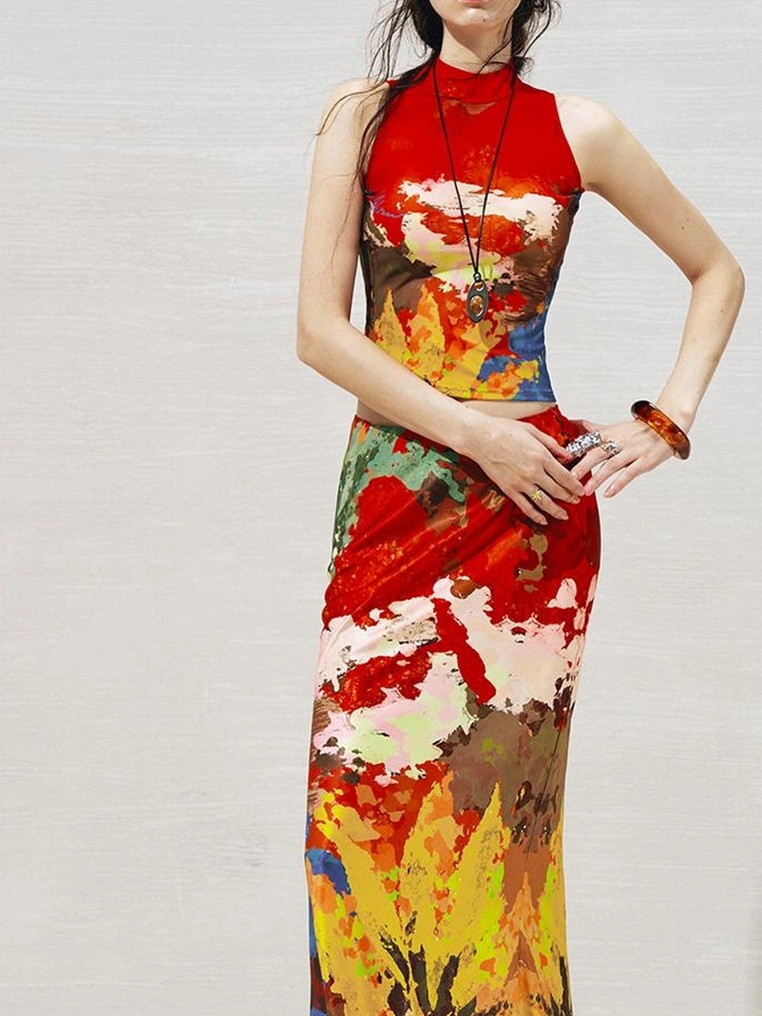 OfAkiva Akiva Nuwa Brushstroke Print Vest Bias Cut Skirt Set