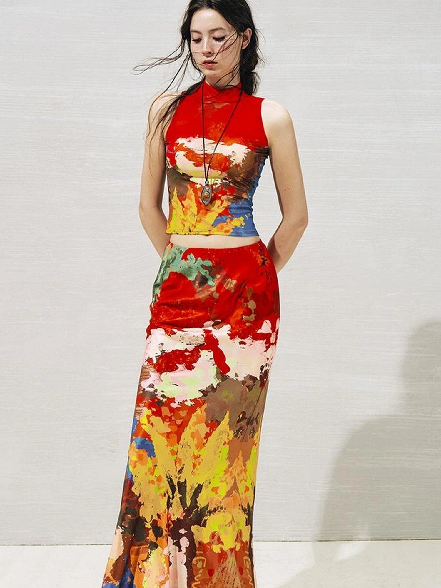 OfAkiva Akiva Nuwa Brushstroke Print Vest Bias Cut Skirt Set