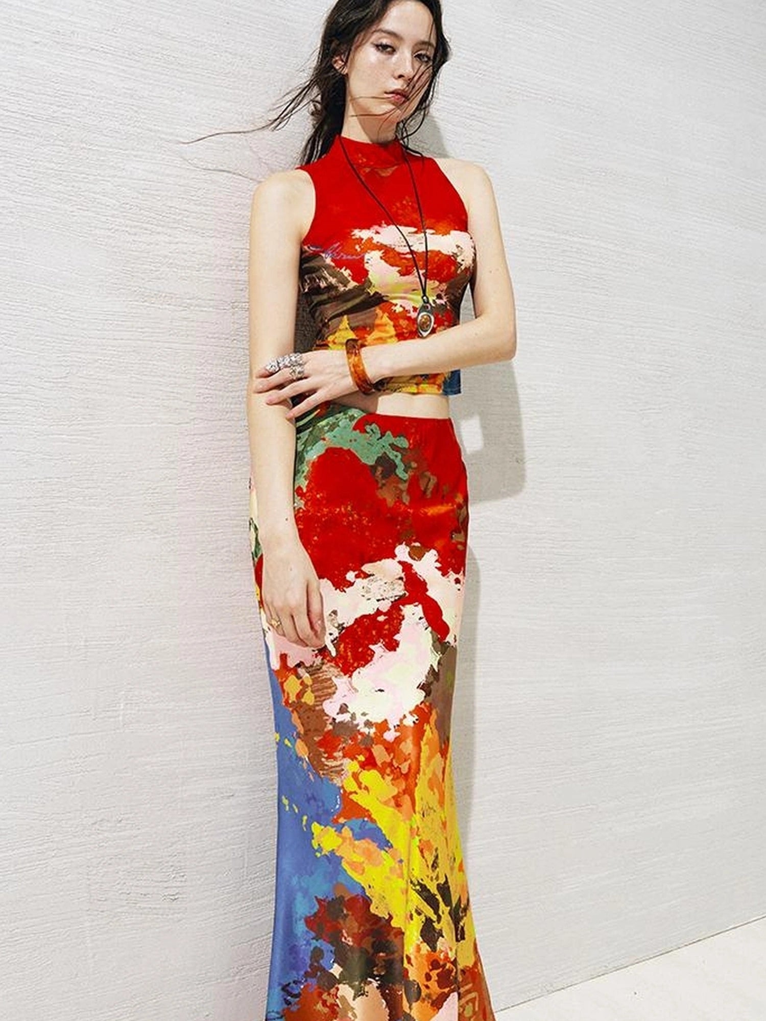 OfAkiva Akiva Nuwa Brushstroke Print Vest Bias Cut Skirt Set