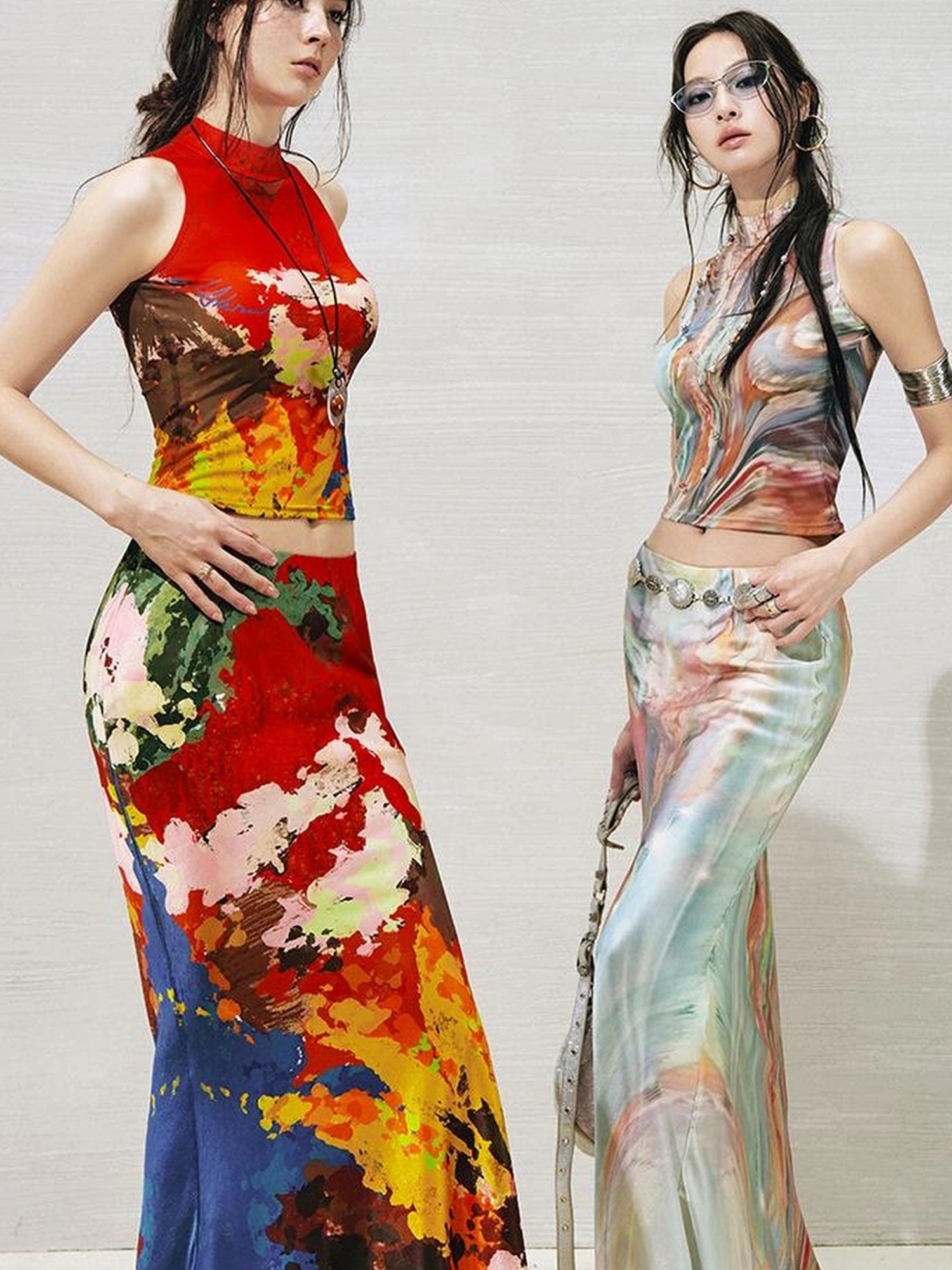 OfAkiva Akiva Nuwa Brushstroke Print Vest Bias Cut Skirt Set