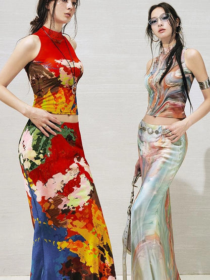 OfAkiva Akiva Nuwa Brushstroke Print Vest Bias Cut Skirt Set