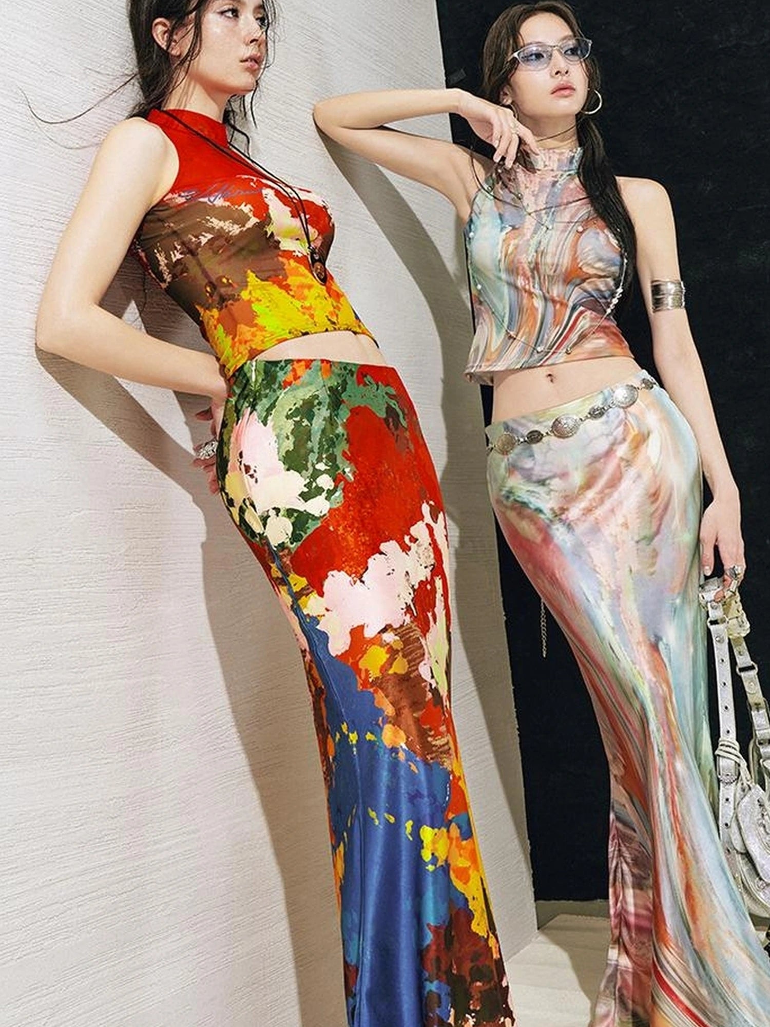 OfAkiva Akiva Nuwa Brushstroke Print Vest Bias Cut Skirt Set