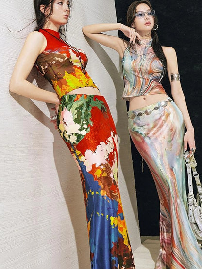 OfAkiva Akiva Nuwa Brushstroke Print Vest Bias Cut Skirt Set