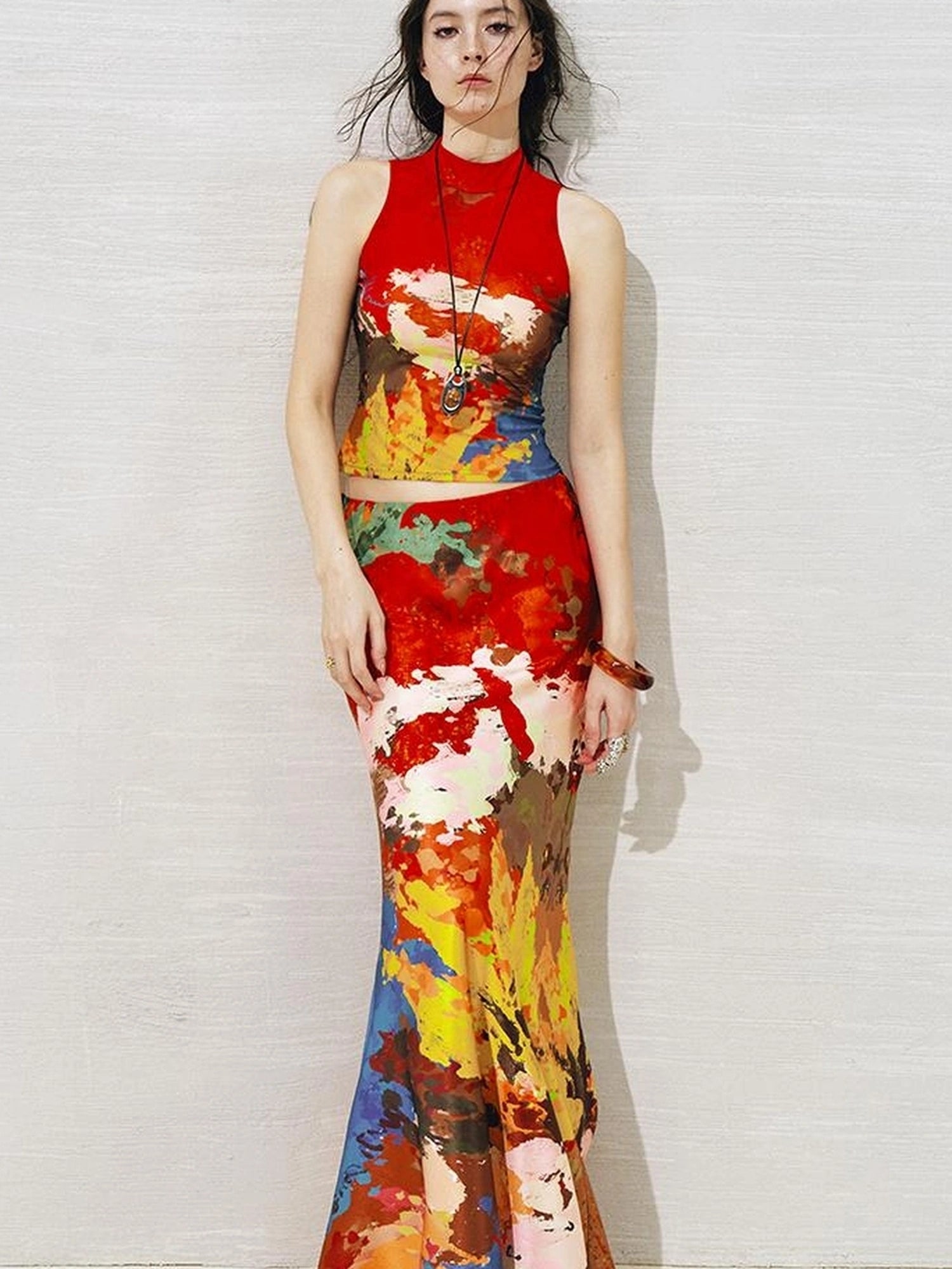 OfAkiva Akiva Nuwa Brushstroke Print Vest Bias Cut Skirt Set