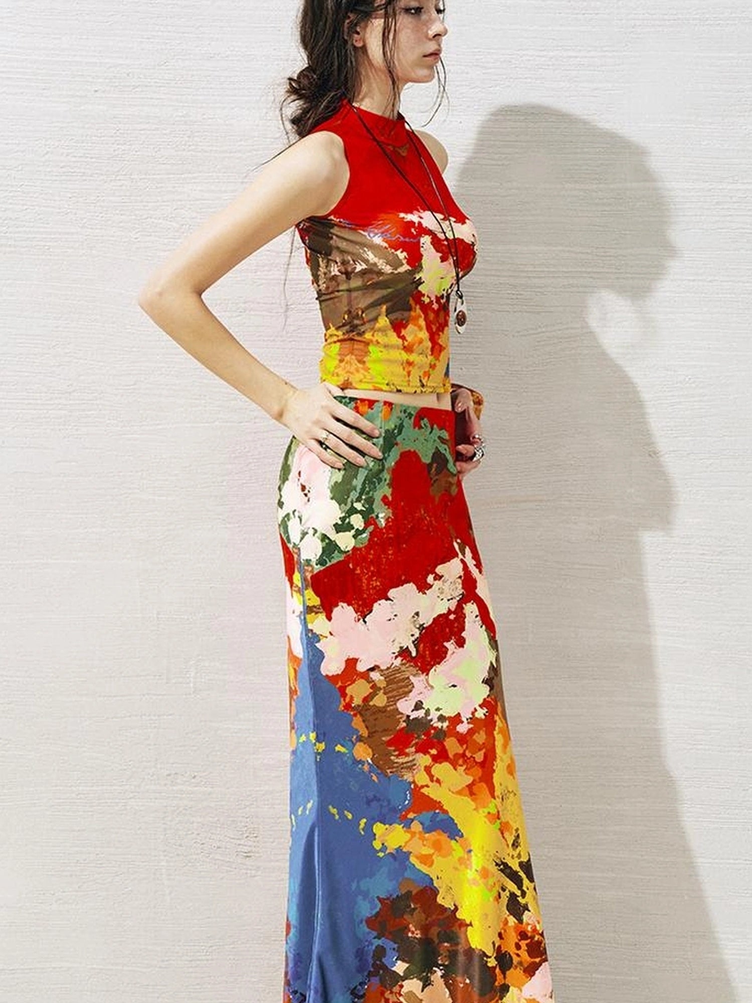 OfAkiva Akiva Nuwa Brushstroke Print Vest Bias Cut Skirt Set