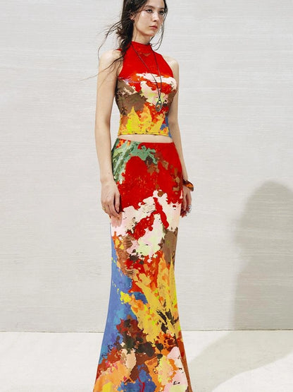 OfAkiva Akiva Nuwa Brushstroke Print Vest Bias Cut Skirt Set