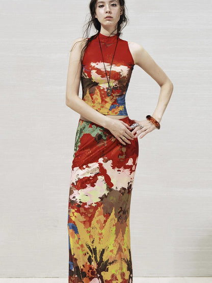 OfAkiva Akiva Nuwa Brushstroke Print Vest Bias Cut Skirt Set