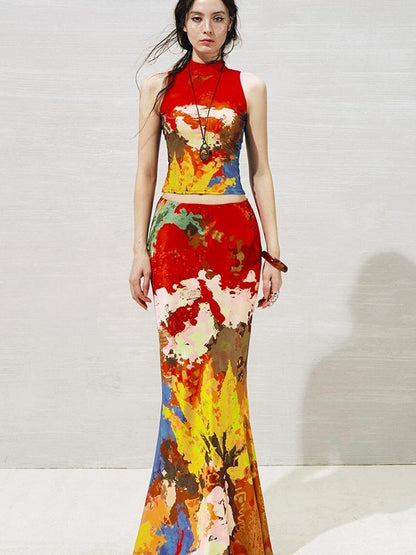 OfAkiva Akiva Nuwa Brushstroke Print Vest Bias Cut Skirt Set