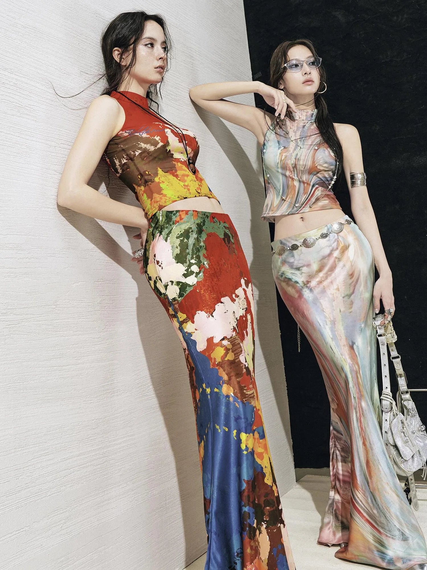 OfAkiva Akiva Nuwa Brushstroke Print Vest Bias Cut Skirt Set