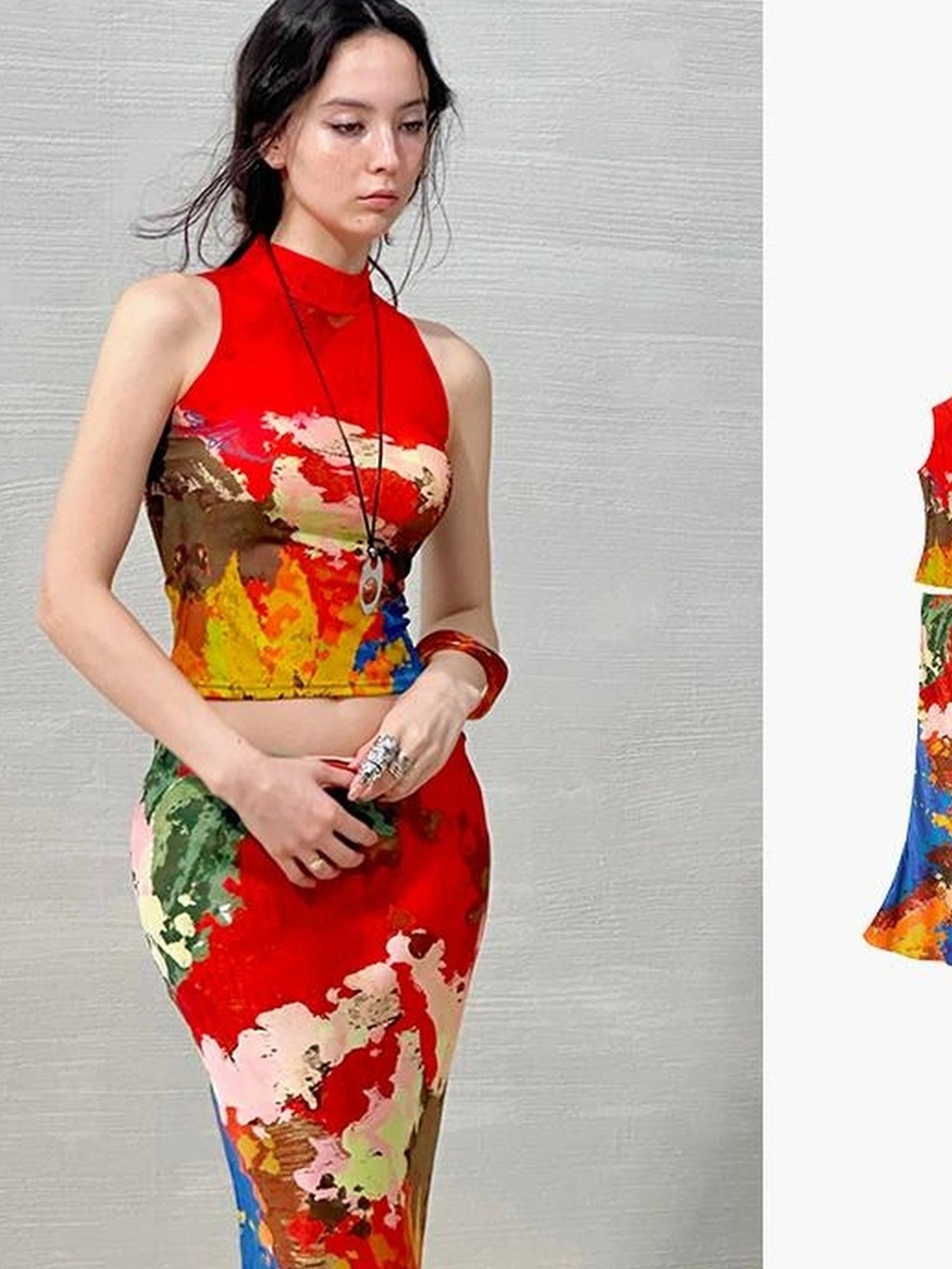 OfAkiva Akiva Nuwa Brushstroke Print Vest Bias Cut Skirt Set