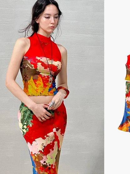 OfAkiva Akiva Nuwa Brushstroke Print Vest Bias Cut Skirt Set