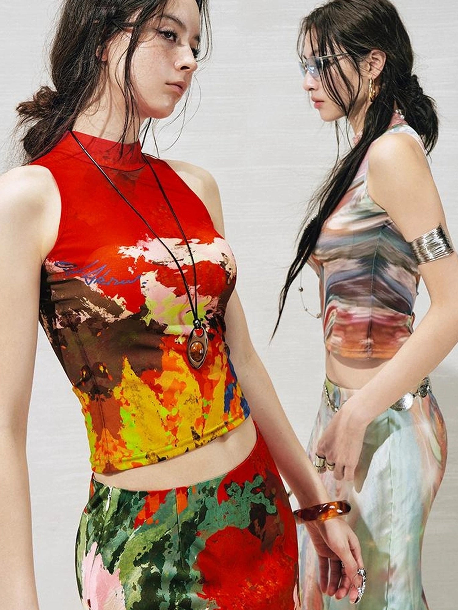 OfAkiva Akiva Nuwa Brushstroke Print Vest Bias Cut Skirt Set