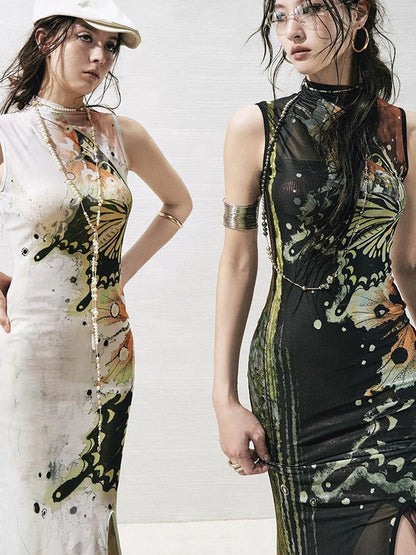 OfAkiva Akiva S Butterfly Print Two Piece Slit Dress Set