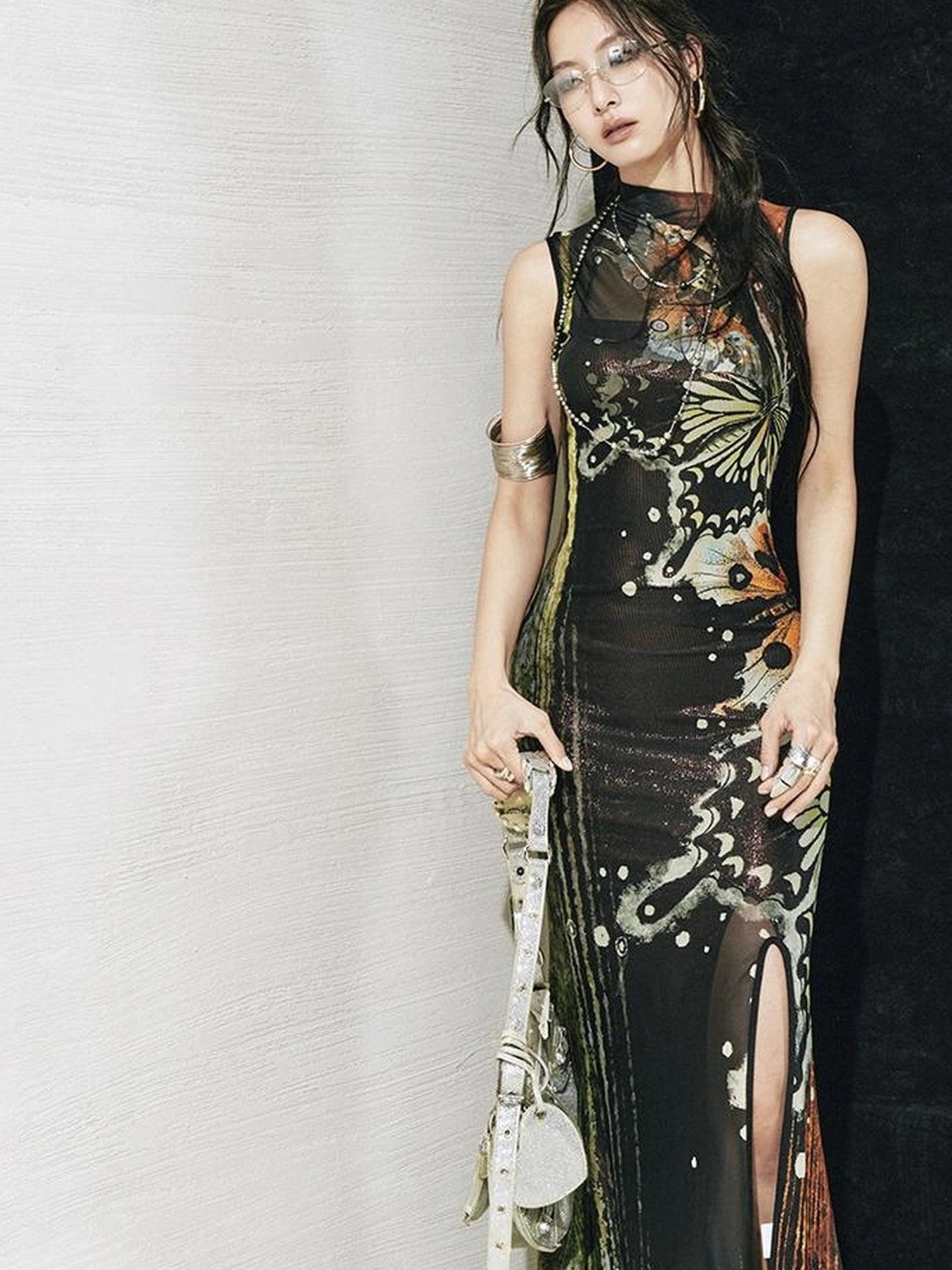 OfAkiva Akiva S Butterfly Print Two Piece Slit Dress Set