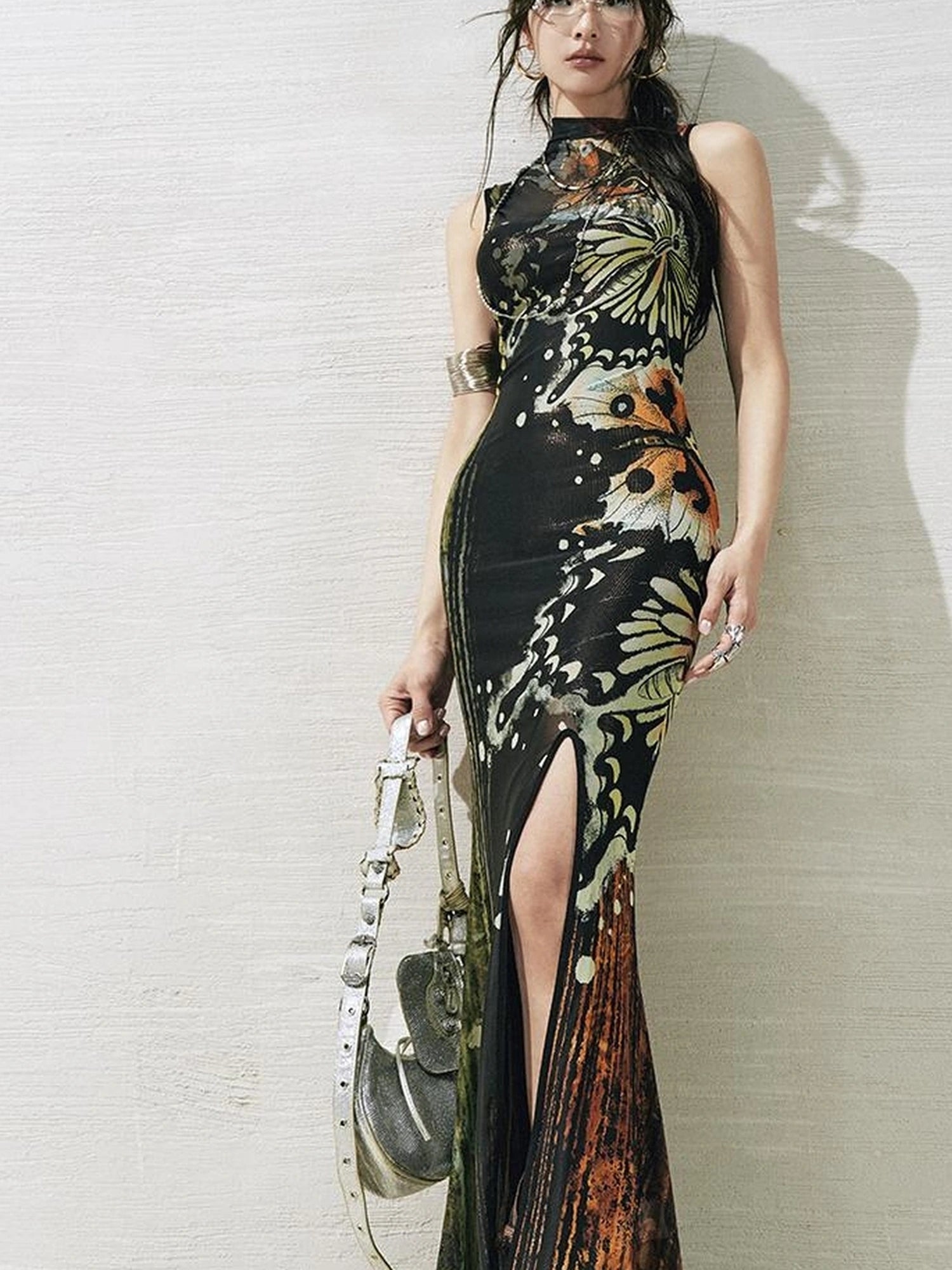 OfAkiva Akiva S Butterfly Print Two Piece Slit Dress Set