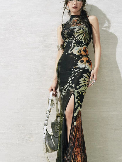 OfAkiva Akiva S Butterfly Print Two Piece Slit Dress Set