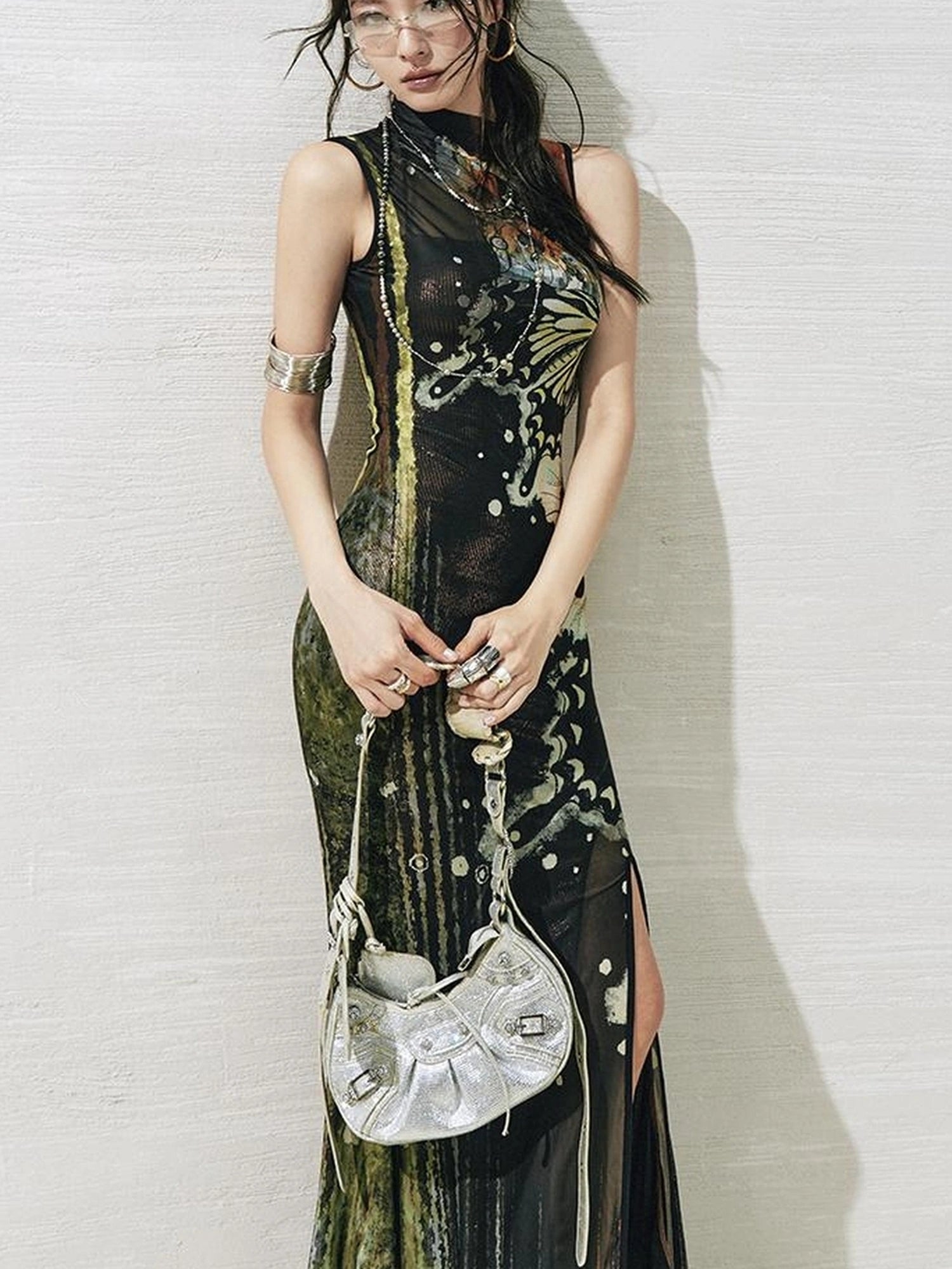 OfAkiva Akiva S Butterfly Print Two Piece Slit Dress Set