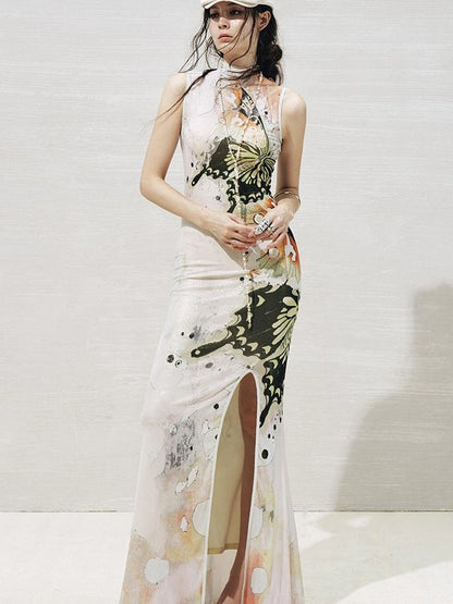 OfAkiva Akiva S Butterfly Print Two Piece Slit Dress Set