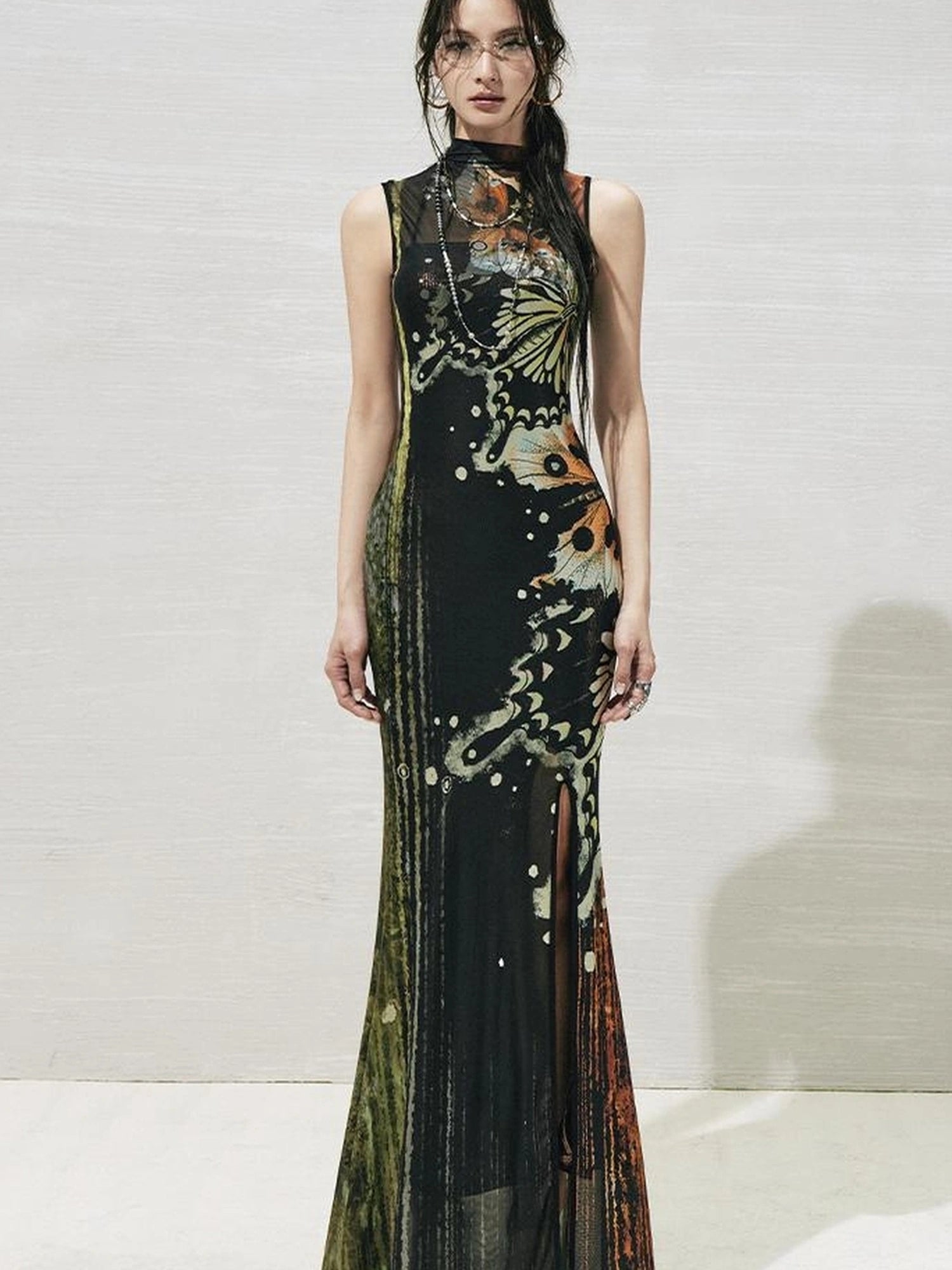 OfAkiva Akiva S Butterfly Print Two Piece Slit Dress Set