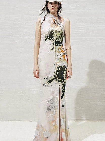 OfAkiva Akiva S Butterfly Print Two Piece Slit Dress Set