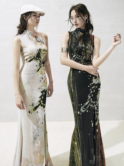 OfAkiva Akiva S Butterfly Print Two Piece Slit Dress Set