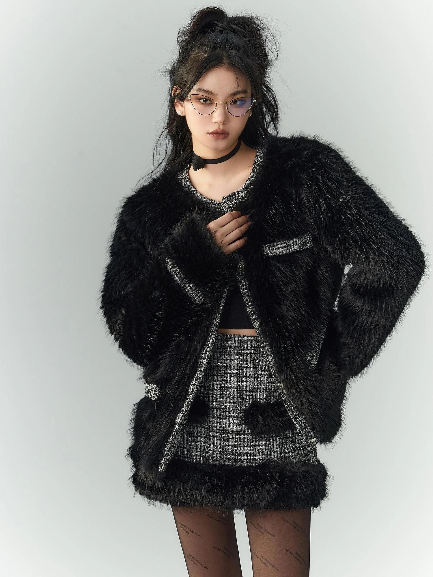 OfAkiva Akiva Tweed And Fur Coat Set Vintage Chic