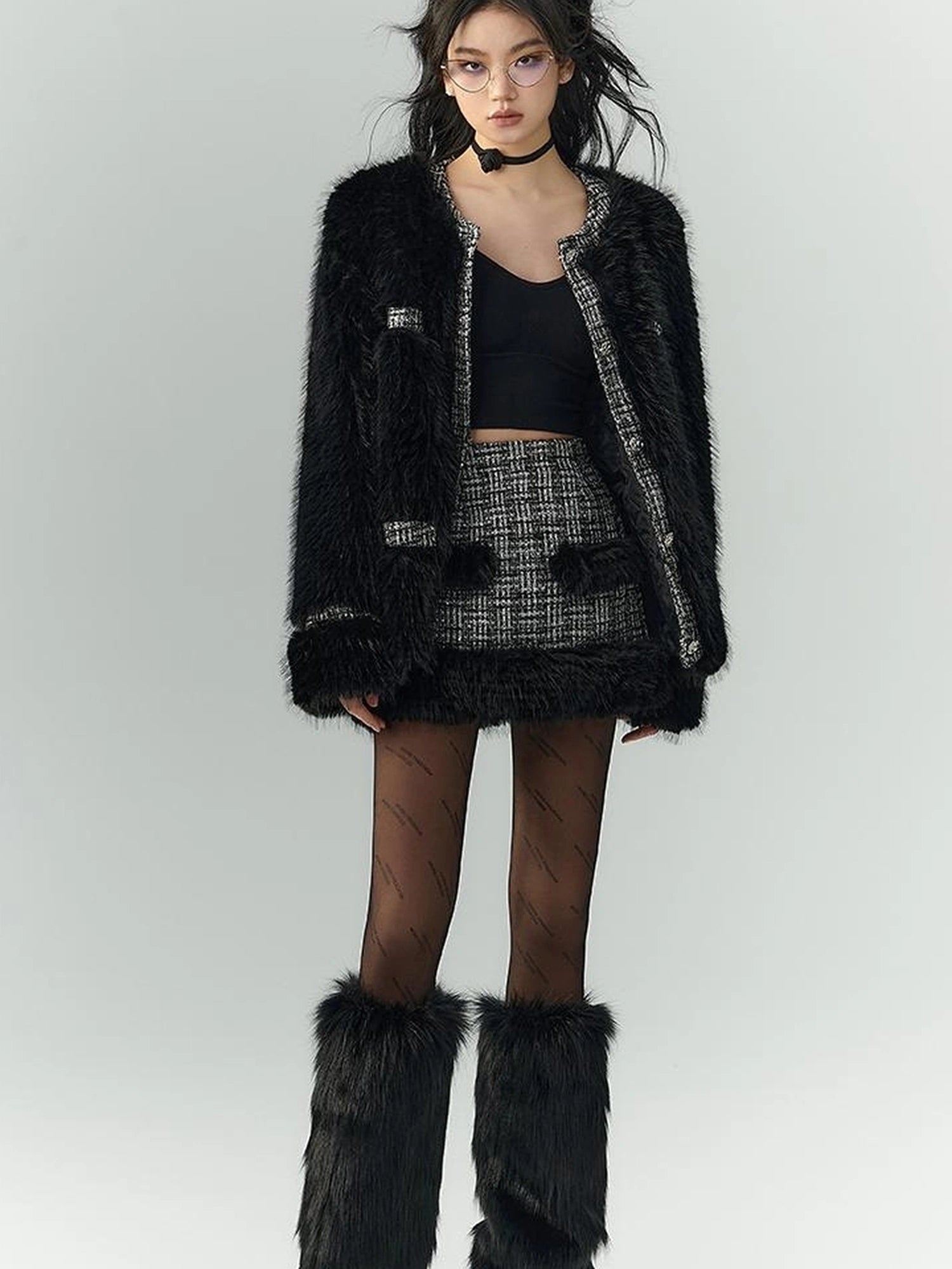 OfAkiva Akiva Tweed And Fur Coat Set Vintage Chic