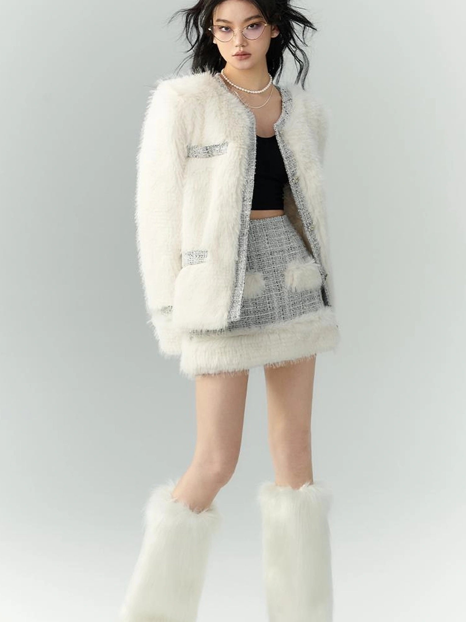 OfAkiva Akiva Tweed And Fur Coat Set Vintage Chic