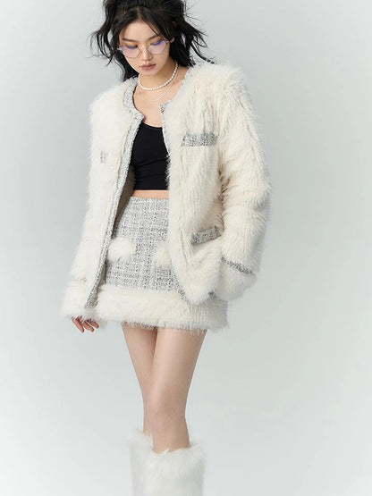 OfAkiva Akiva Tweed And Fur Coat Set Vintage Chic