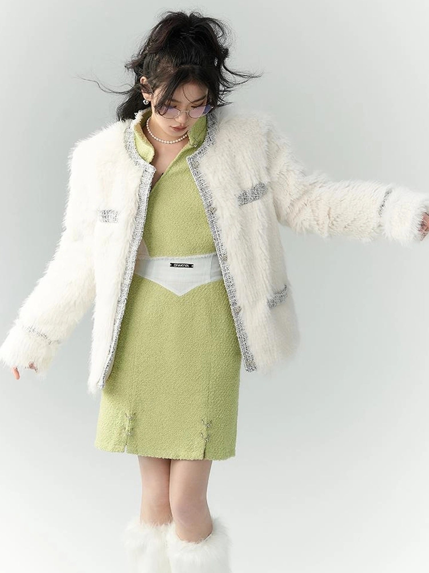 OfAkiva Akiva Tweed And Fur Coat Set Vintage Chic