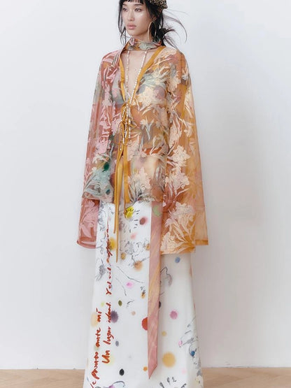 OfAkiva Akiva White Noise Floral Print A Line Skirt