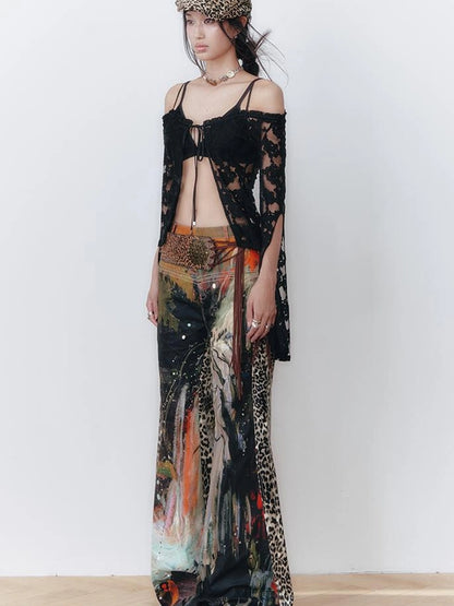 OfAkiva Aladdin Waterfall Oil Painting Landscape Print Pants