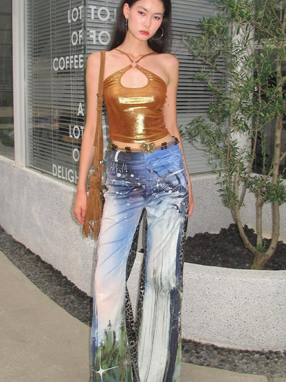 OfAkiva Aladdin Waterfall Oil Painting Landscape Print Pants