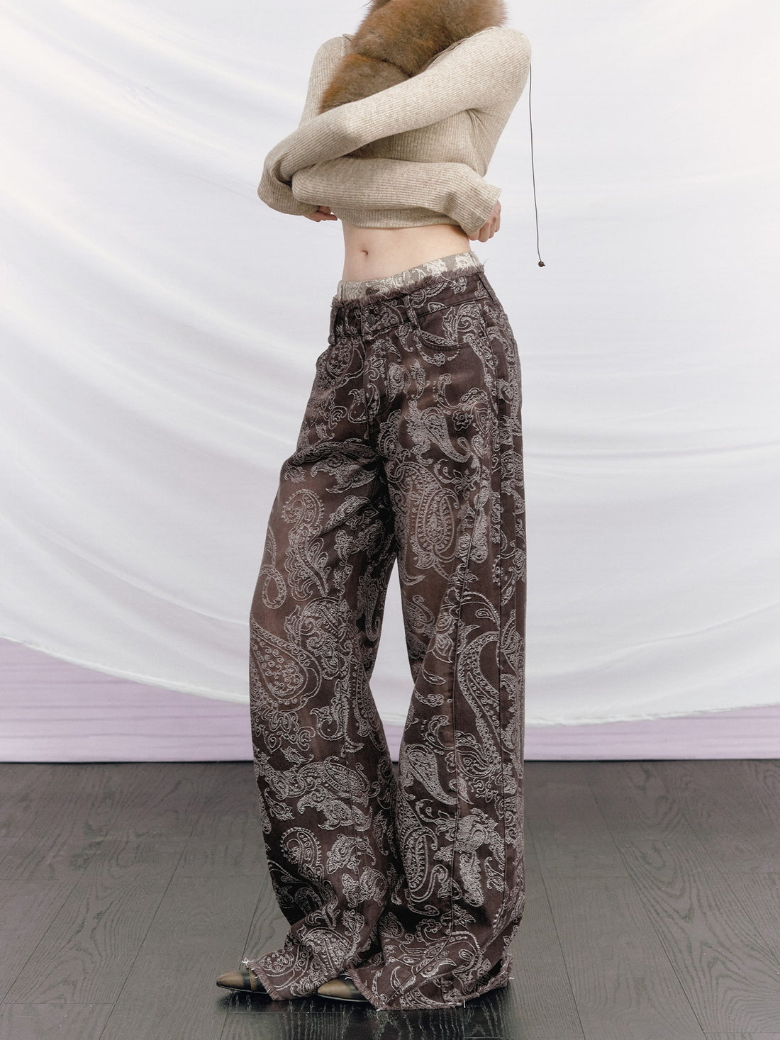 OfAkiva Baroque Paisley Double Waistband Frayed Hem Washed Women&