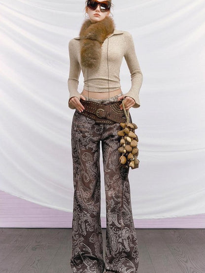 OfAkiva Baroque Paisley Double Waistband Frayed Hem Washed Women&