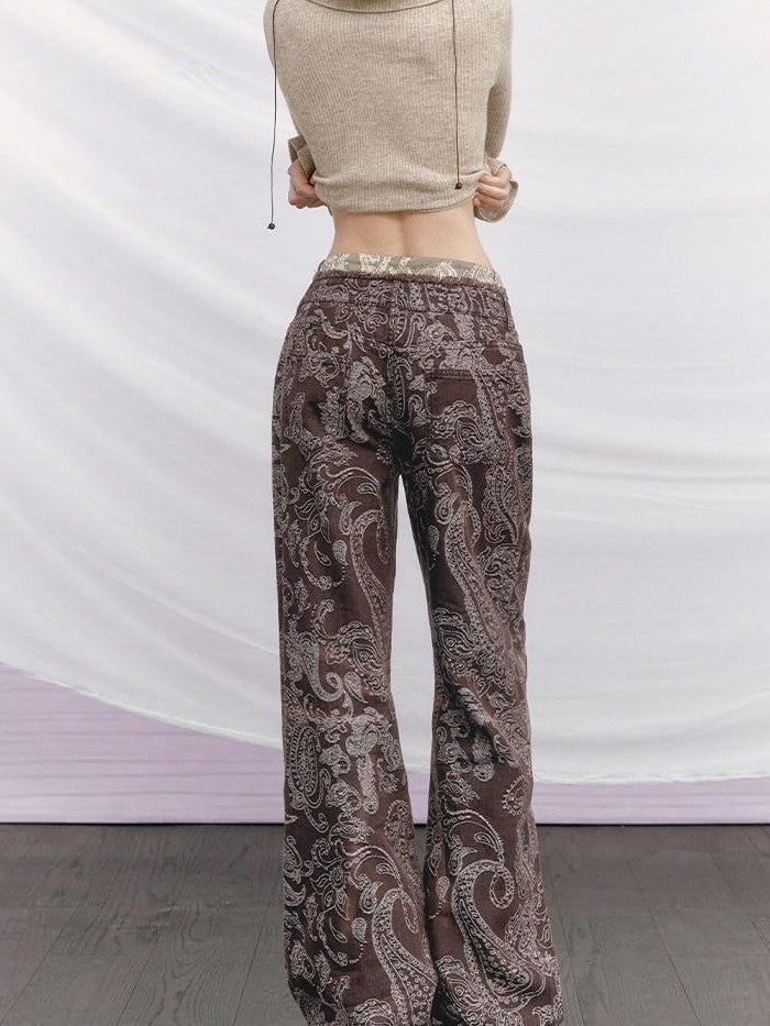 OfAkiva Baroque Paisley Double Waistband Frayed Hem Washed Women&