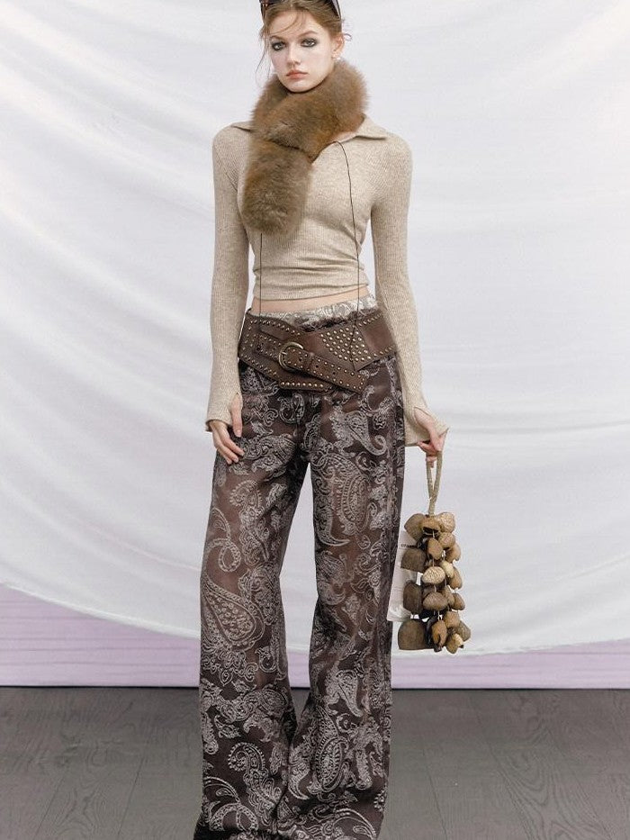 OfAkiva Baroque Paisley Double Waistband Frayed Hem Washed Women&