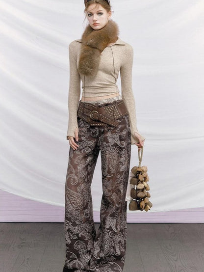 OfAkiva Baroque Paisley Double Waistband Frayed Hem Washed Women&