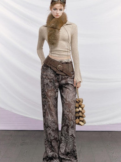 OfAkiva Baroque Paisley Double Waistband Frayed Hem Washed Women&