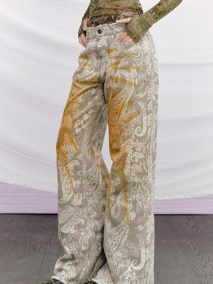 OfAkiva Baroque Paisley Double Waistband Frayed Hem Washed Women&