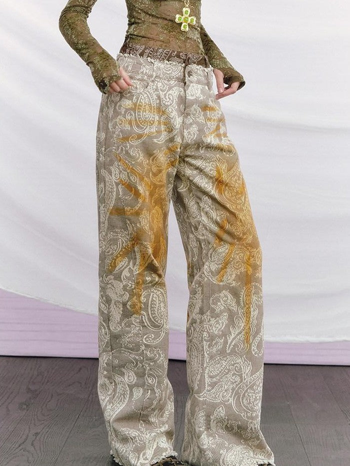 OfAkiva Baroque Paisley Double Waistband Frayed Hem Washed Women&