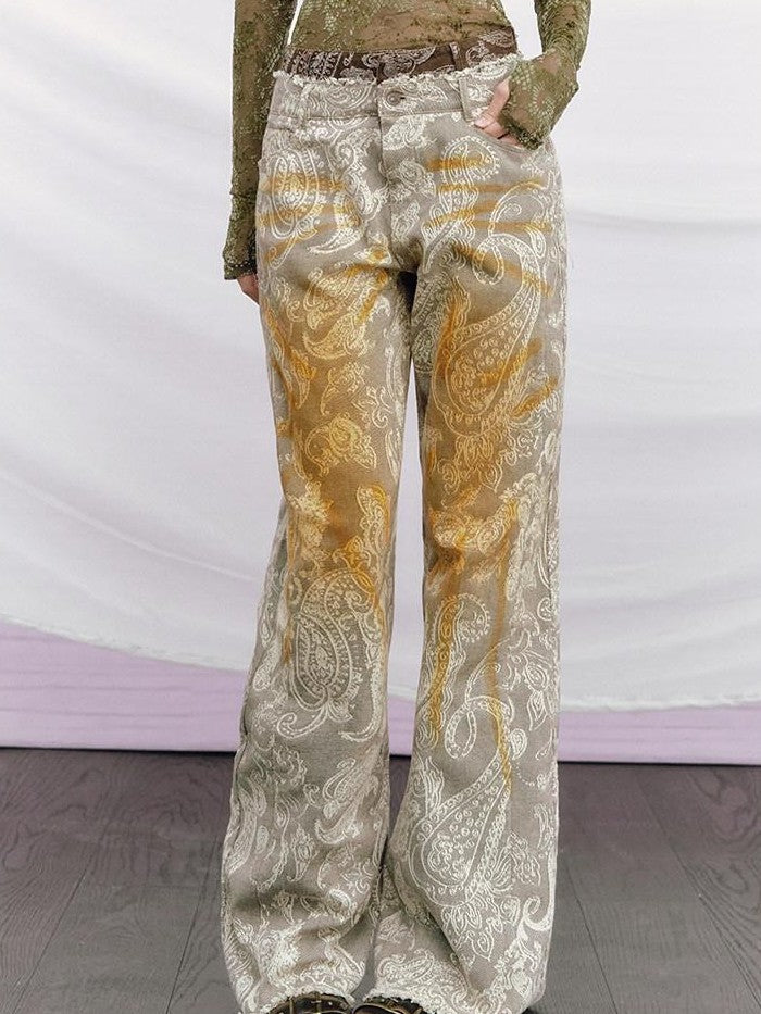 OfAkiva Baroque Paisley Double Waistband Frayed Hem Washed Women&