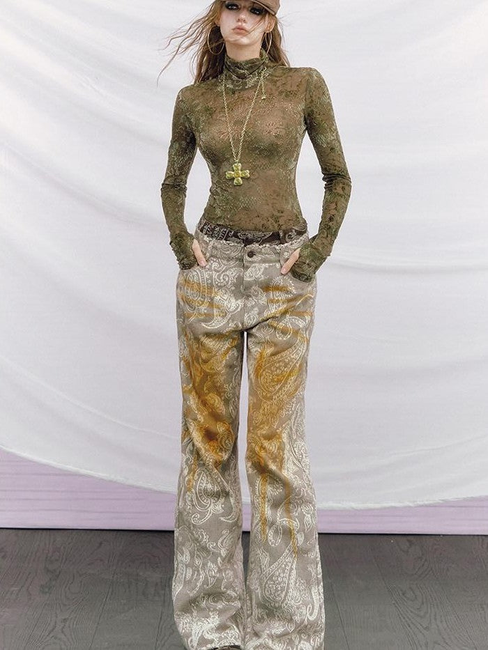OfAkiva Baroque Paisley Double Waistband Frayed Hem Washed Women&