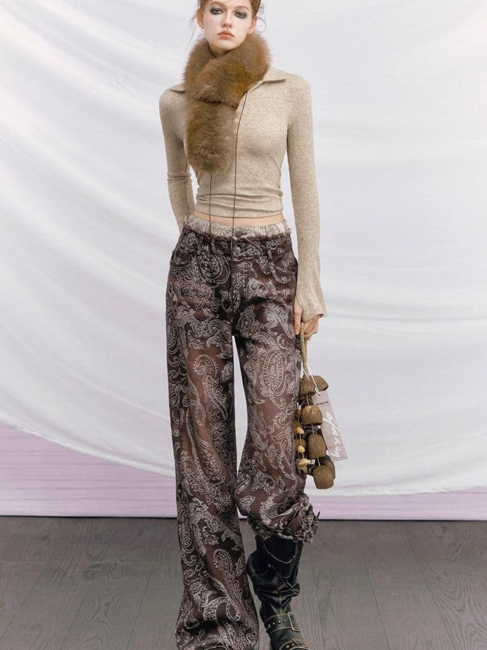 OfAkiva Baroque Paisley Double Waistband Frayed Hem Washed Women&