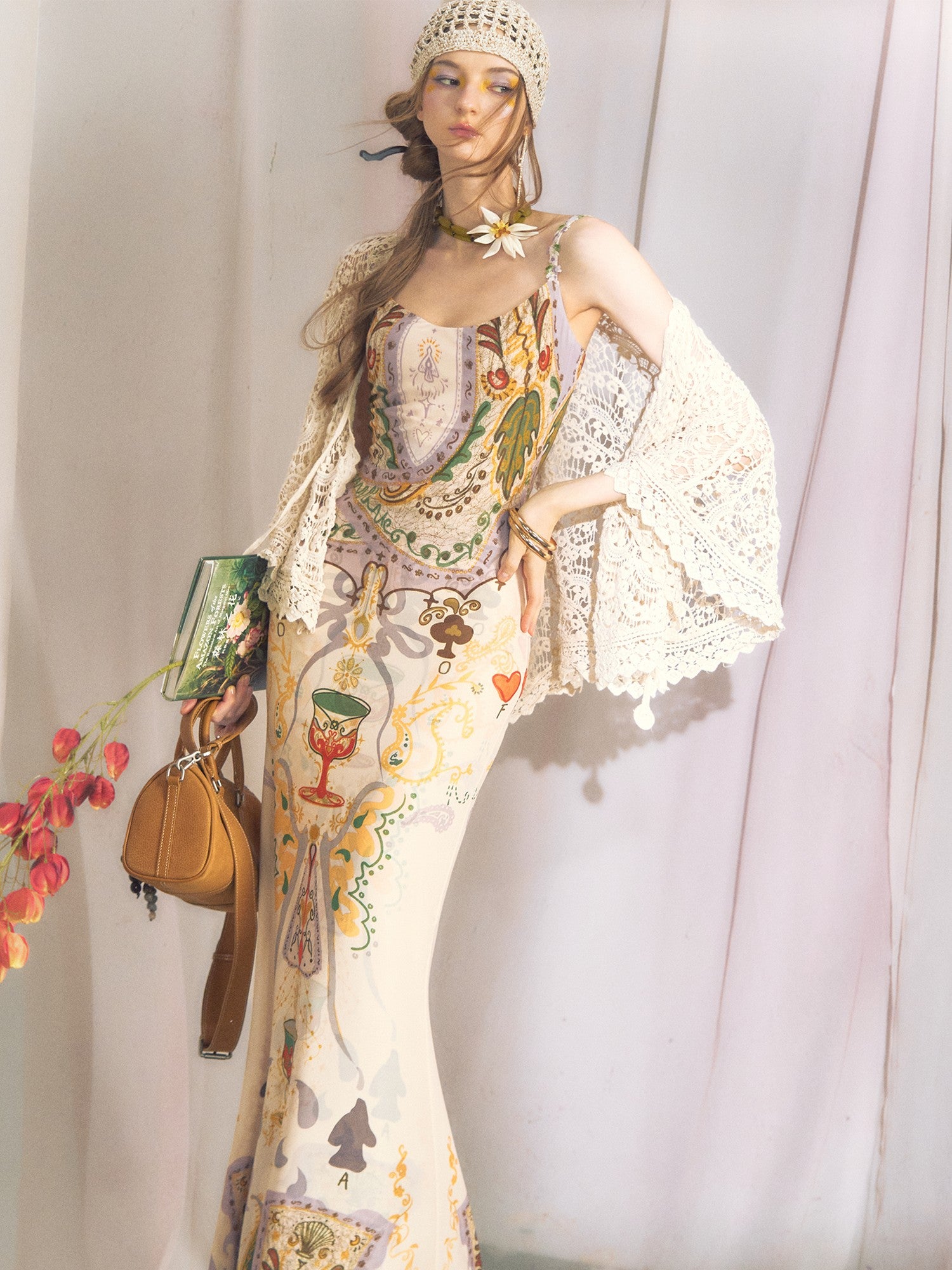 OfAkiva Beige Openwork Vintage Short Shawl Cheongsam Overlay Women&