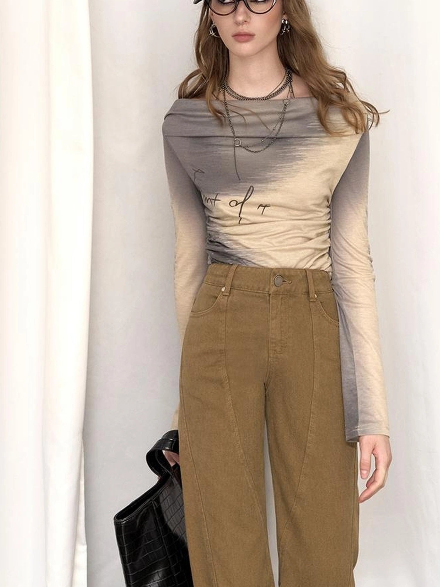 OfAkiva Black Brown Washed Gradient Proportional Straight Leg Pants